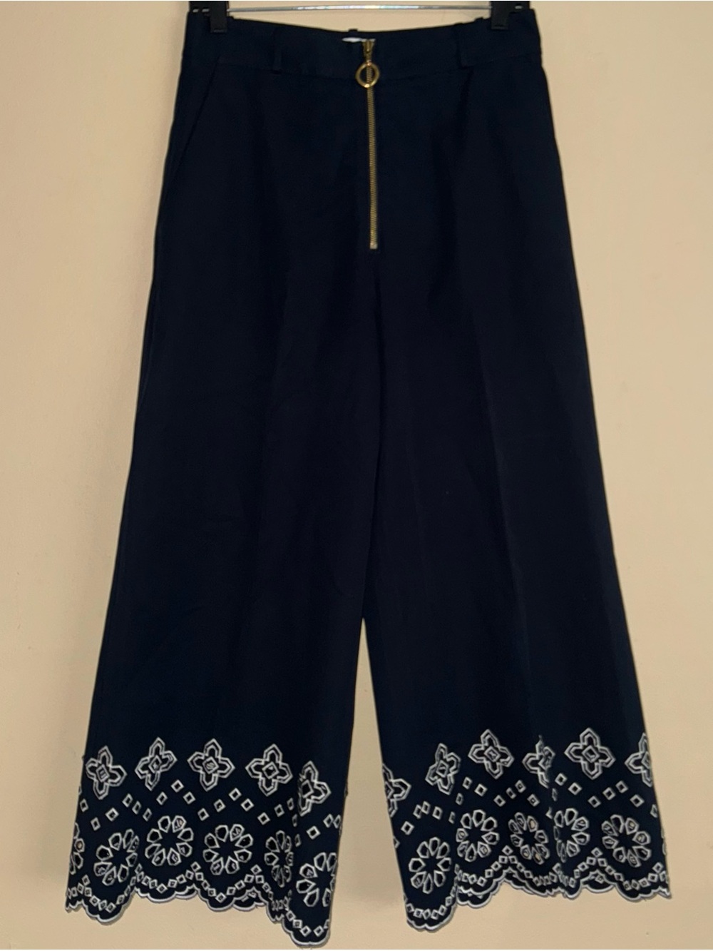 Derek Lam 10 Crosby Exposed Zipper Wide Leg Embroidered Eyelet Pants Size 8